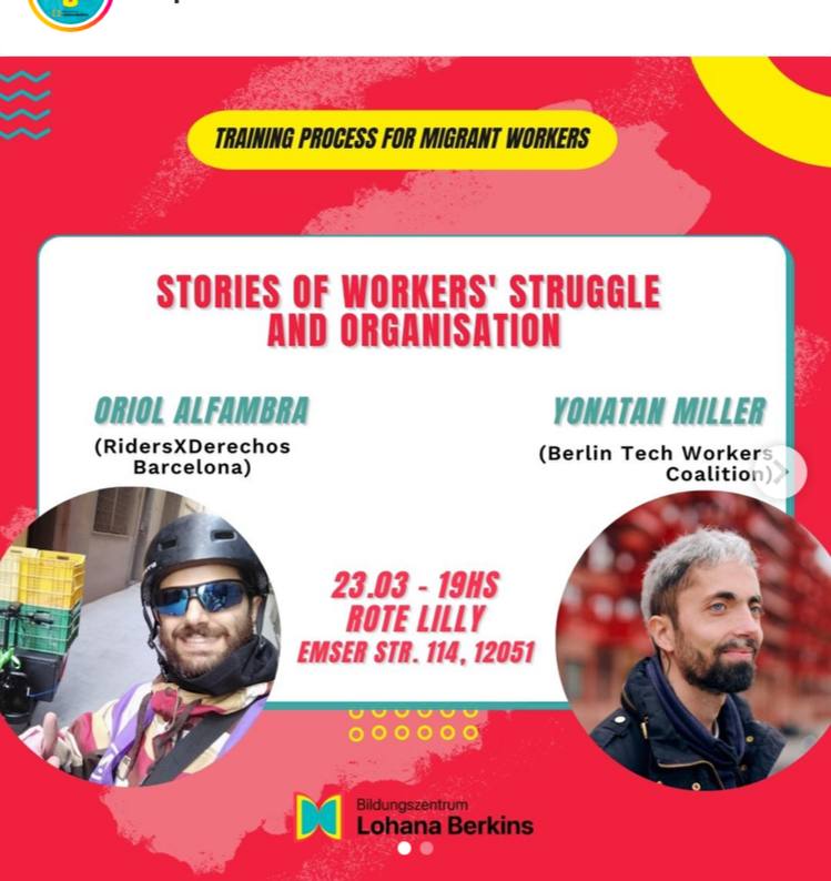 Training process for migrant workers Stories of Workers' Struggle and Organisation! Photo of Oriol and Yonatan with address of event.